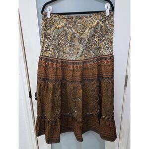 Coupé Brown Boho Tiered Cotton Skirt M | Paisley Embroidered India